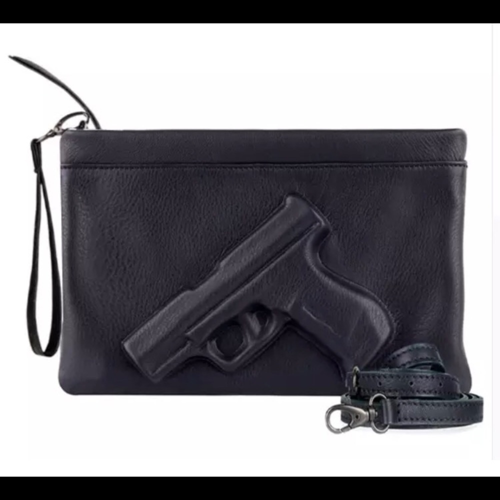 ❤️LAST ONE❤️ Black GUN Embossed Print GUARDIAN ANGEL Leather Crossbody Purse - Picture 6 of 12